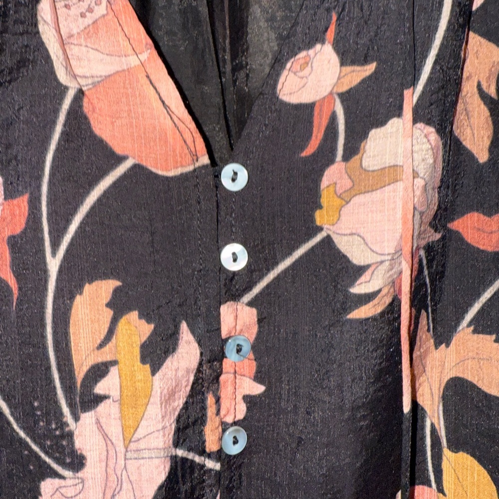Fate Black Floral Long Balloon Sleeve Boho Blouse, Size Medium - Picture 3 of 7